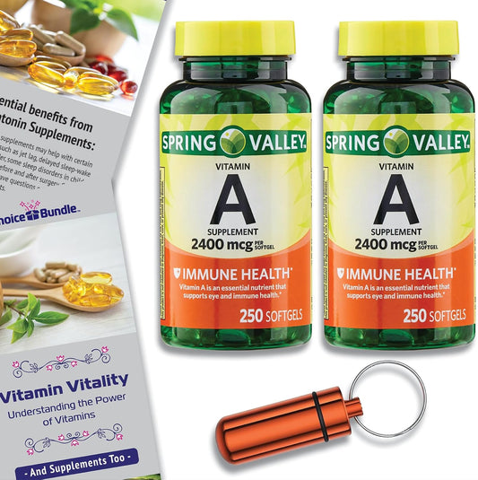 Bundle: Spring Valley Vitamin A Softgels - 2400 mcg, 2Pk (500 Total) with Vitamin Vitality Guide & Pill Container - 4 Items