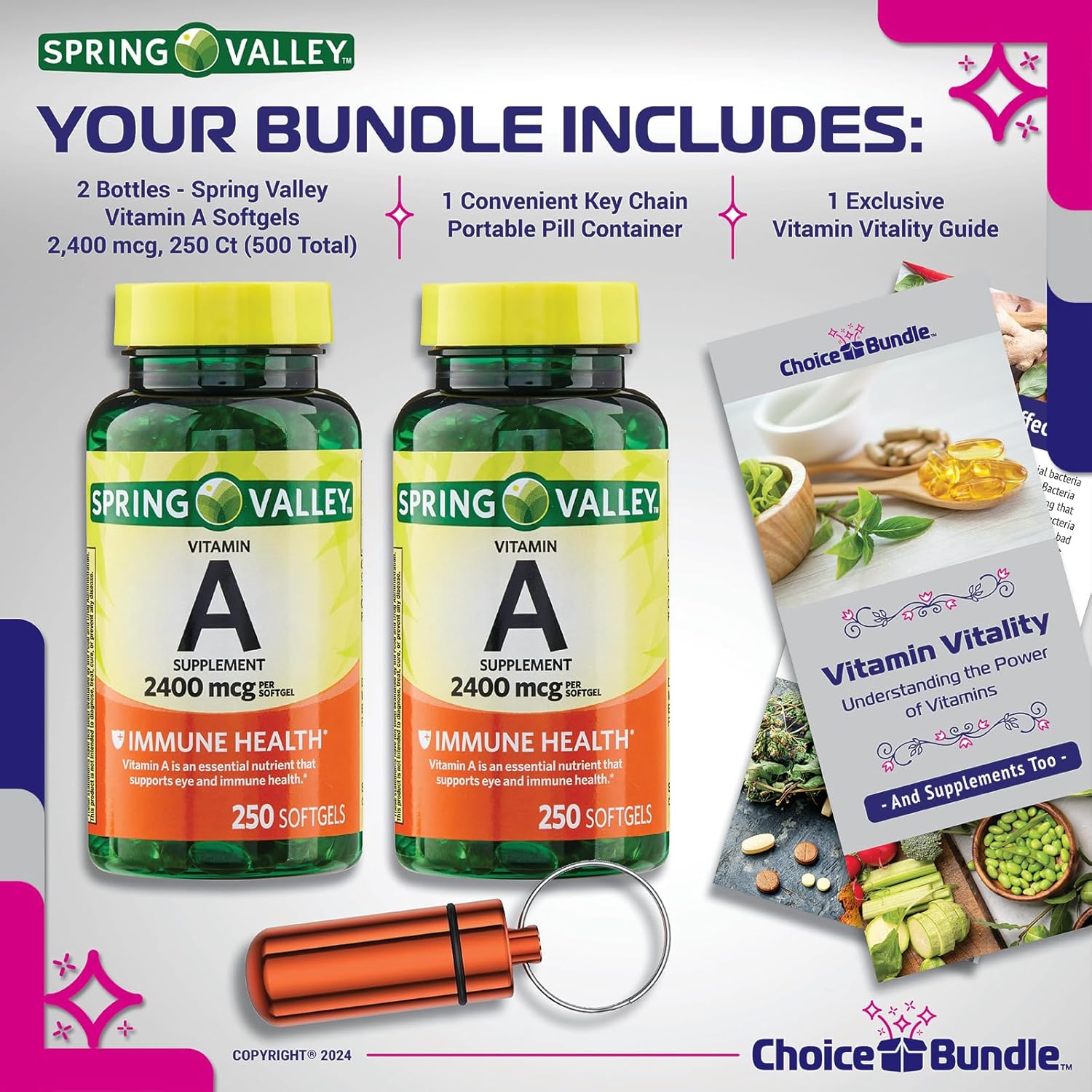 Bundle: Spring Valley Vitamin A Softgels - 2400 mcg, 2Pk (500 Total) with Vitamin Vitality Guide & Pill Container - 4 Items