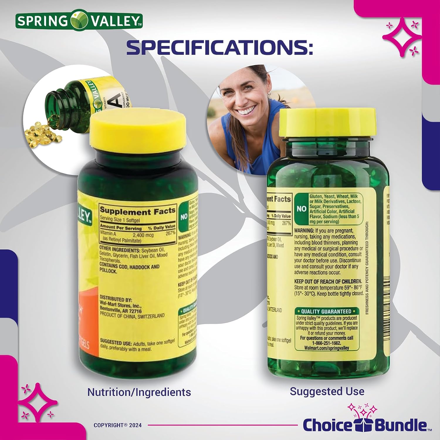 Bundle: Spring Valley Vitamin A Softgels - 2400 mcg, 2Pk (500 Total) with Vitamin Vitality Guide & Pill Container - 4 Items