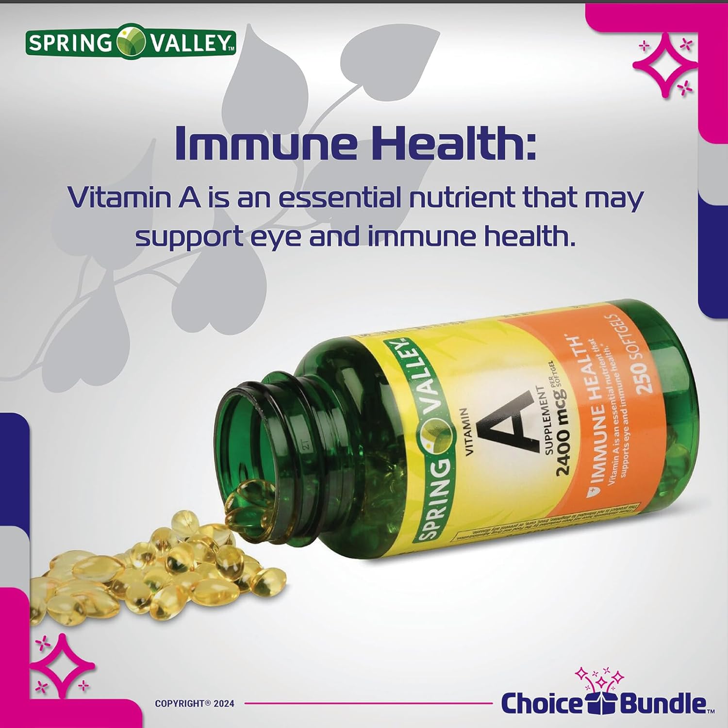 Bundle: Spring Valley Vitamin A Softgels - 2400 mcg, 2Pk (500 Total) with Vitamin Vitality Guide & Pill Container - 4 Items
