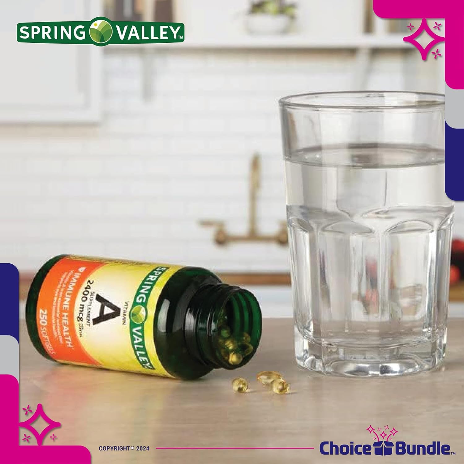 Bundle: Spring Valley Vitamin A Softgels - 2400 mcg, 2Pk (500 Total) with Vitamin Vitality Guide & Pill Container - 4 Items
