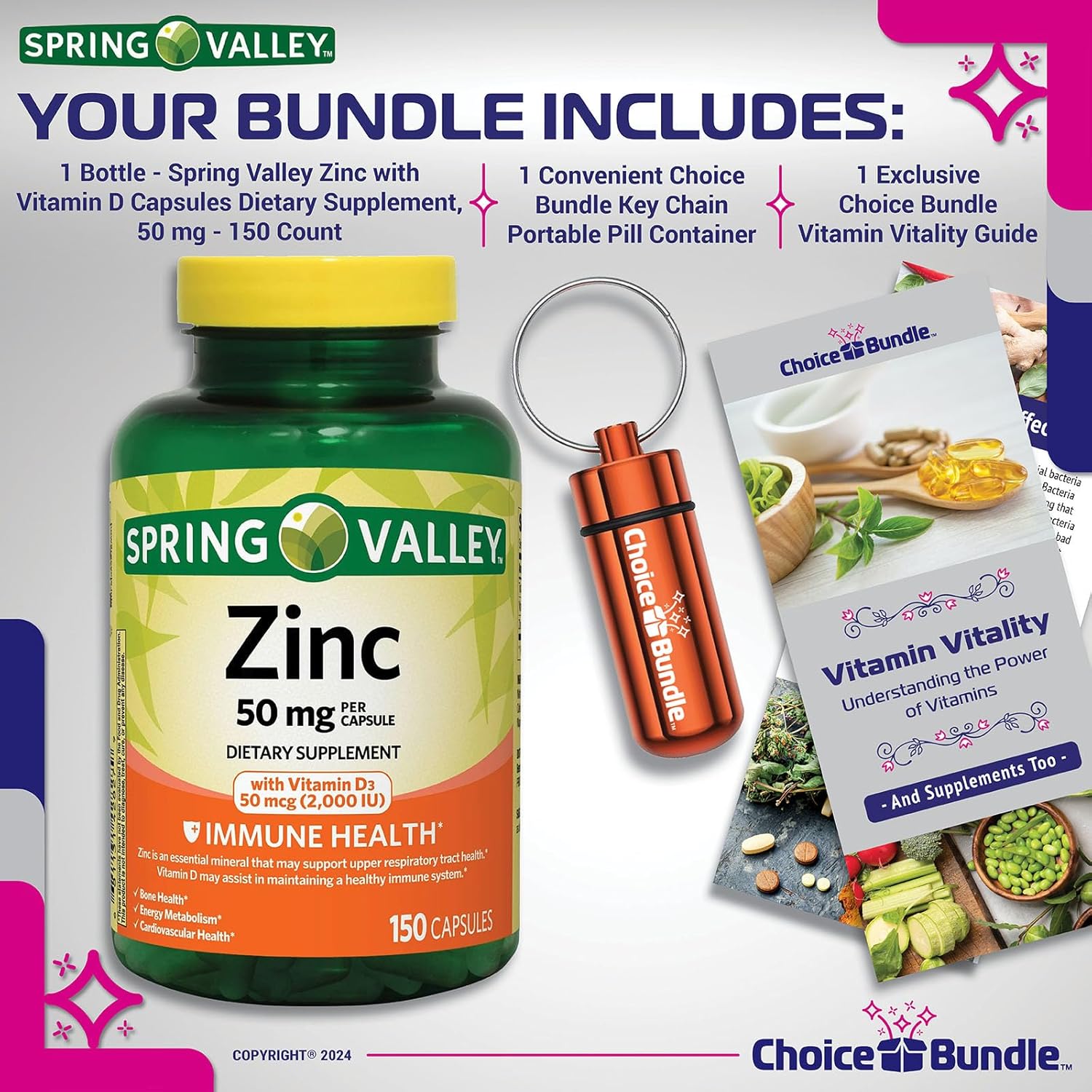 Bundle: Spring Valley Zinc 50mg with Vitamin D3 50mcg Capsules for Immune Health (150 Ct) + Vitamin Guide & Pill Container