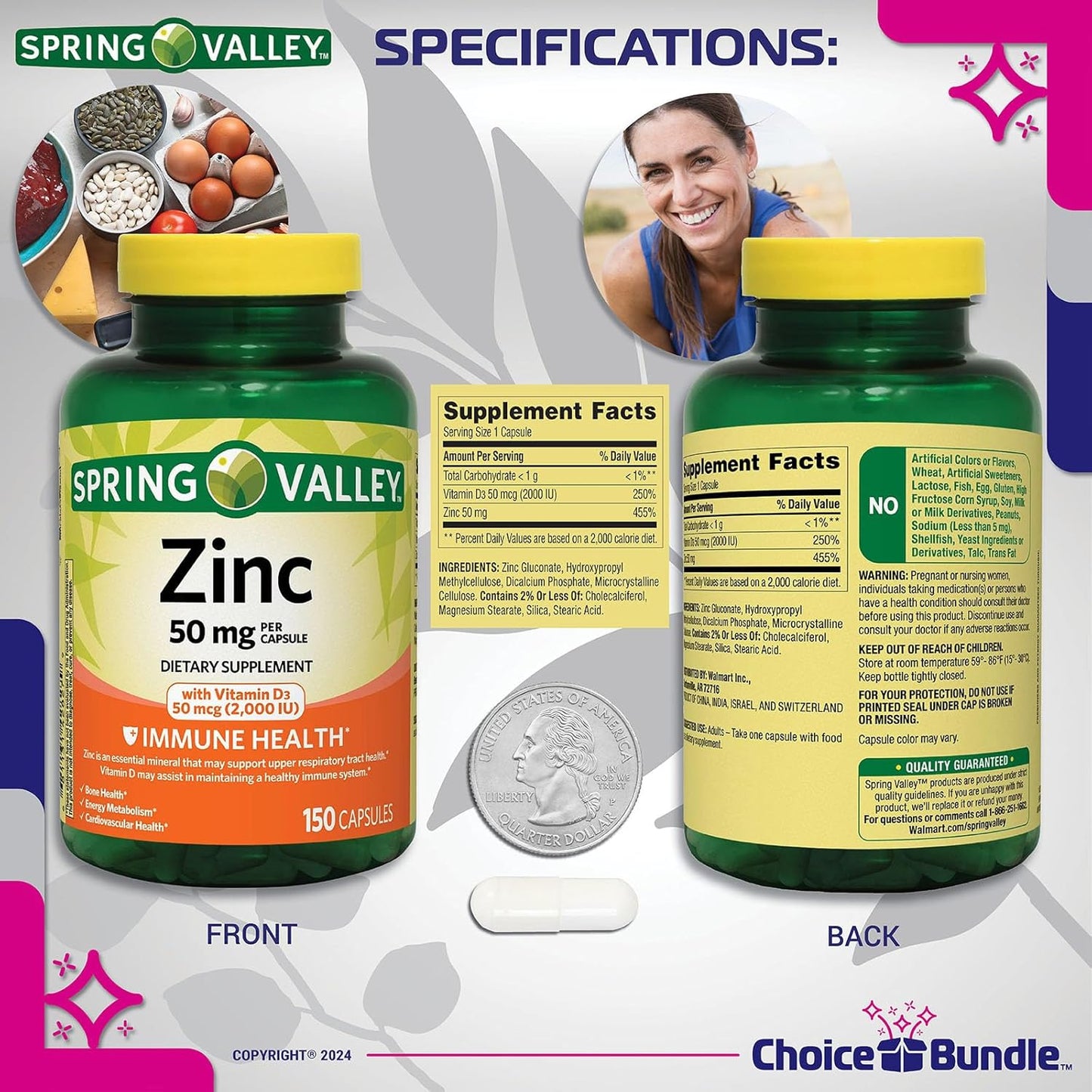 Bundle: Spring Valley Zinc 50mg with Vitamin D3 50mcg Capsules for Immune Health (150 Ct) + Vitamin Guide & Pill Container