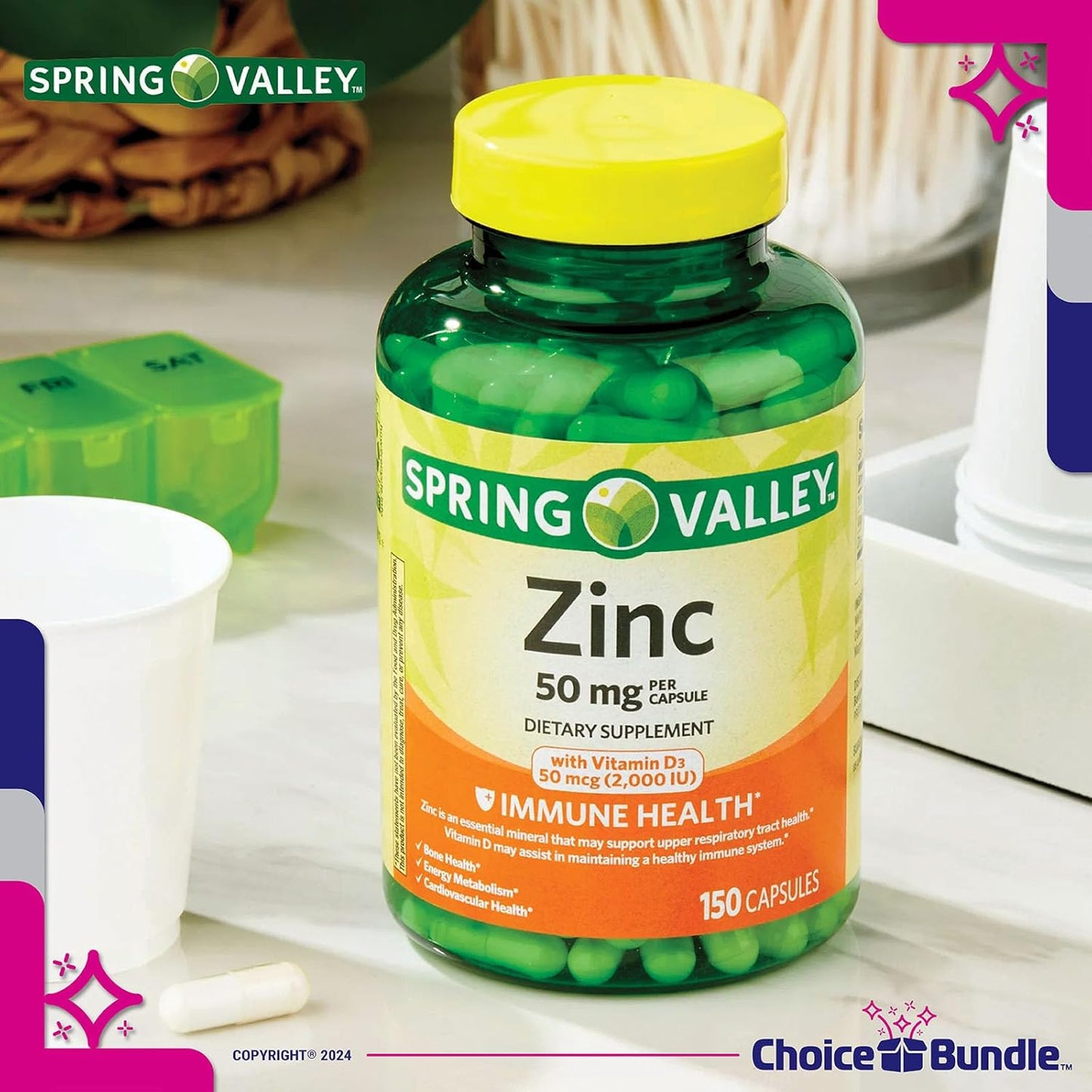 Bundle: Spring Valley Zinc 50mg with Vitamin D3 50mcg Capsules for Immune Health (150 Ct) + Vitamin Guide & Pill Container