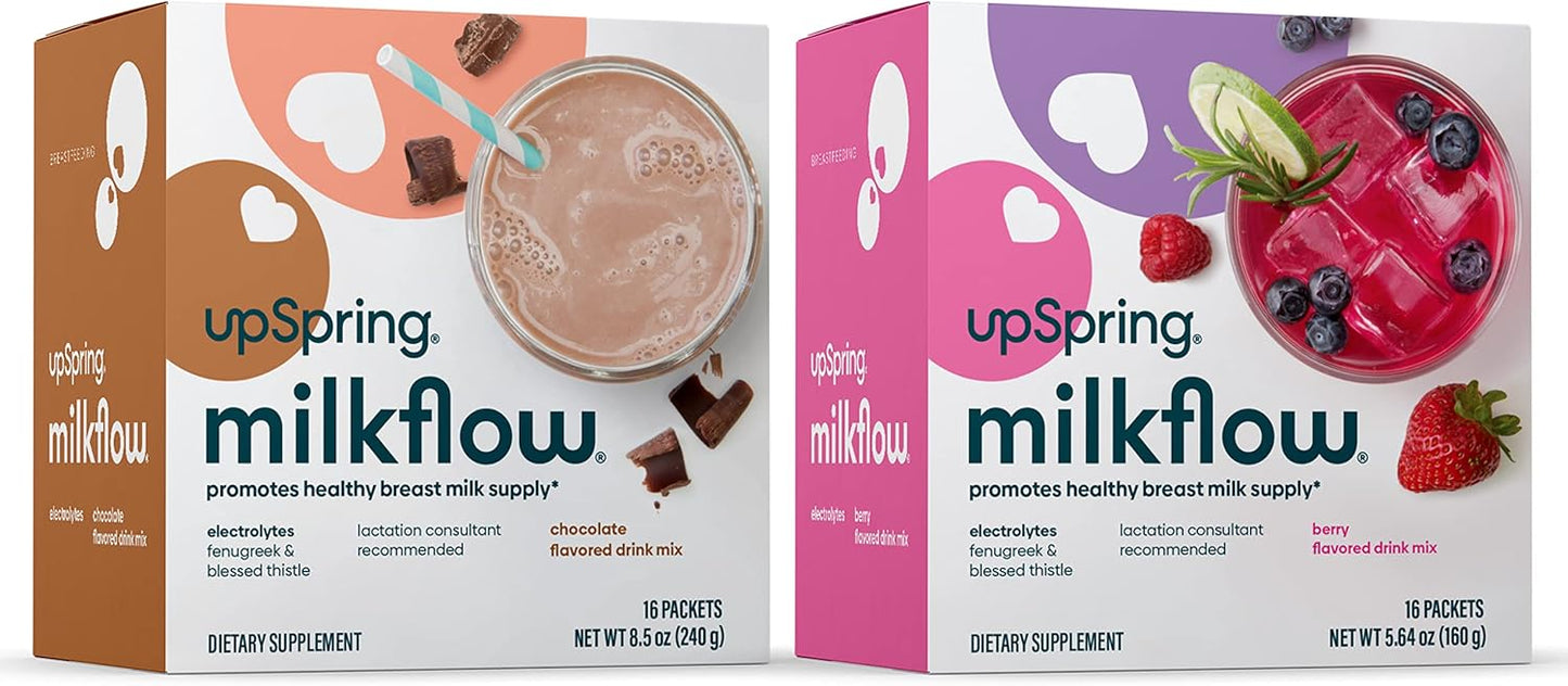 Bundle: Upspring Milkflow Electrolyte Breastfeeding Supplement Drink Mix with Fenugreek, 16 Count Chocolate & 16 Count Berry Flavor- Promotes Healthy Breast Milk Supply & Restoration