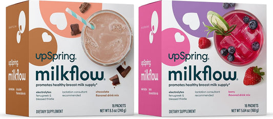 Bundle: Upspring Milkflow Electrolyte Breastfeeding Supplement Drink Mix with Fenugreek, 16 Count Chocolate & 16 Count Berry Flavor- Promotes Healthy Breast Milk Supply & Restoration