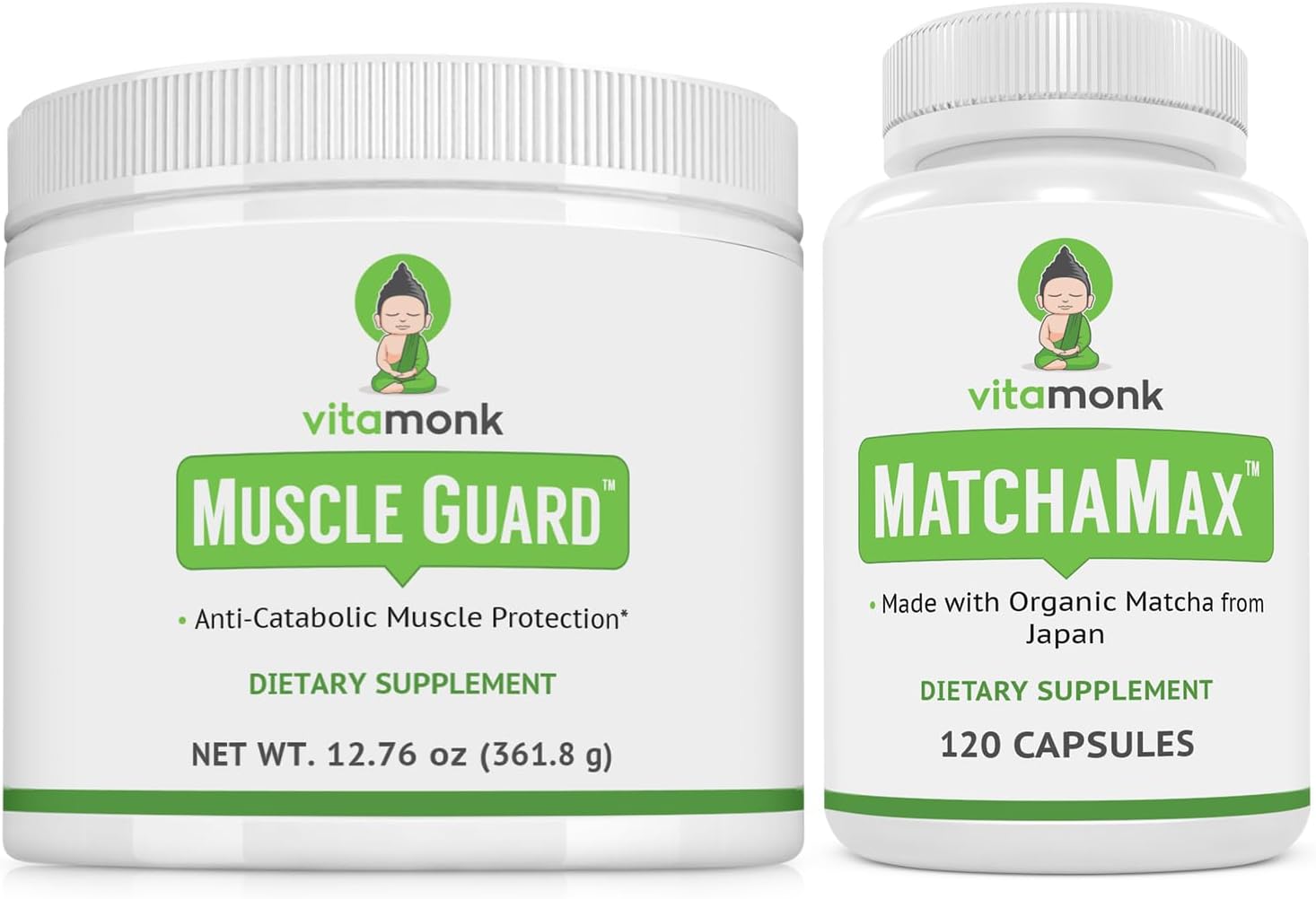 Bundle: VitaMonk Muscle Guard & Matchamax Organic Matcha Capsules - HMB, EAAs, Vitamin D, Magnesium - Energy, Focus, Muscle Growth - 120 Capsules