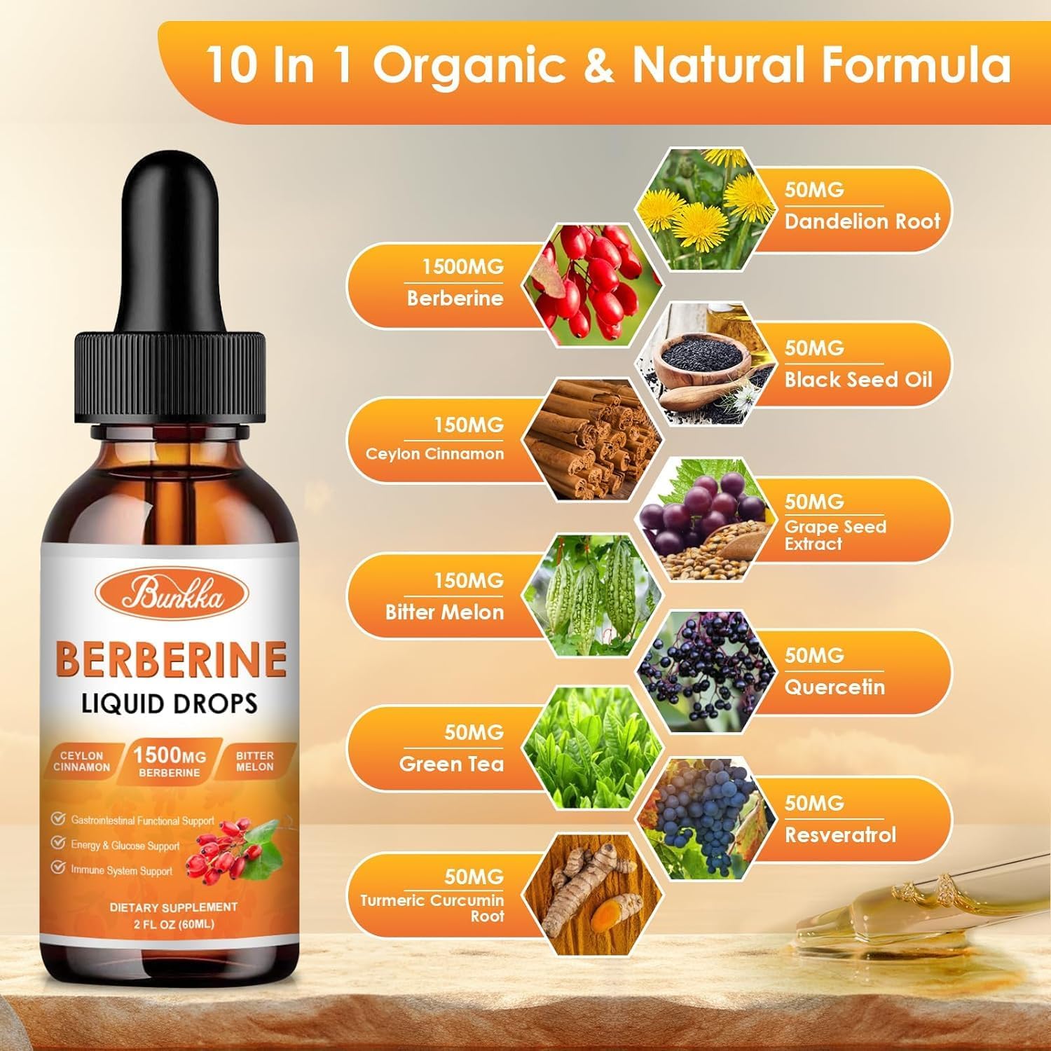 Bunkka Berberine Liquid Drops (2 Pack) with Ceylon Cinnamon & Bitter Melon - Immune & Digestive Support Supplement - 4 FL Oz