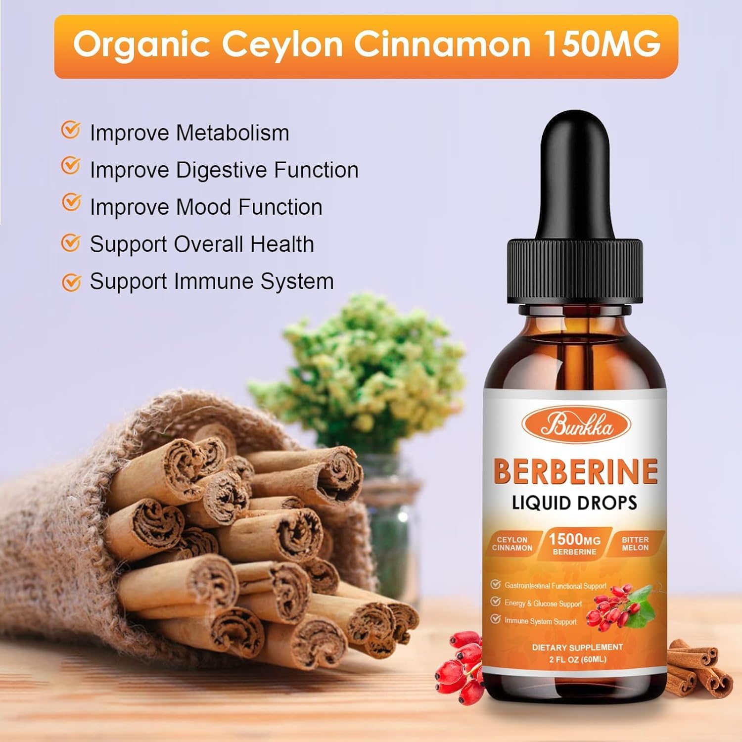 Bunkka Berberine Liquid Drops (2 Pack) with Ceylon Cinnamon & Bitter Melon - Immune & Digestive Support Supplement - 4 FL Oz
