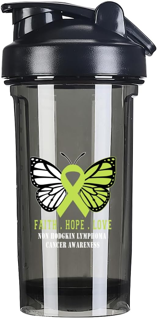 Butterfly Non Hodgkin Lymphoma Cancer Awareness 18oz Shaker Bottle - Leak-proof Mixer for Pre Workout & Protein Shakes - Black 500ml/18oz