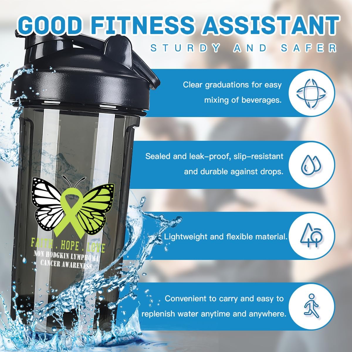 Butterfly Non Hodgkin Lymphoma Cancer Awareness 18oz Shaker Bottle - Leak-proof Mixer for Pre Workout & Protein Shakes - Black 500ml/18oz