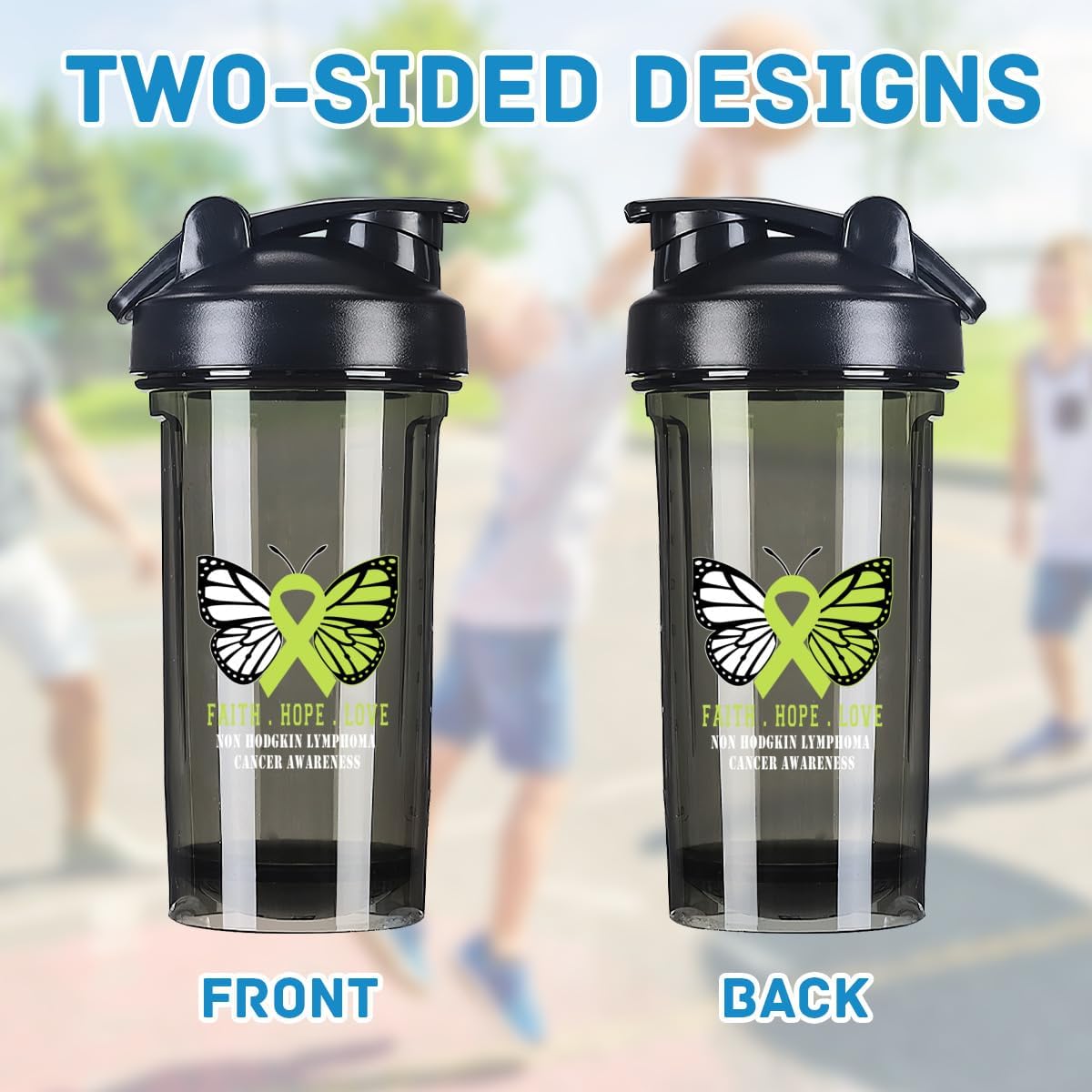 Butterfly Non Hodgkin Lymphoma Cancer Awareness 18oz Shaker Bottle - Leak-proof Mixer for Pre Workout & Protein Shakes - Black 500ml/18oz