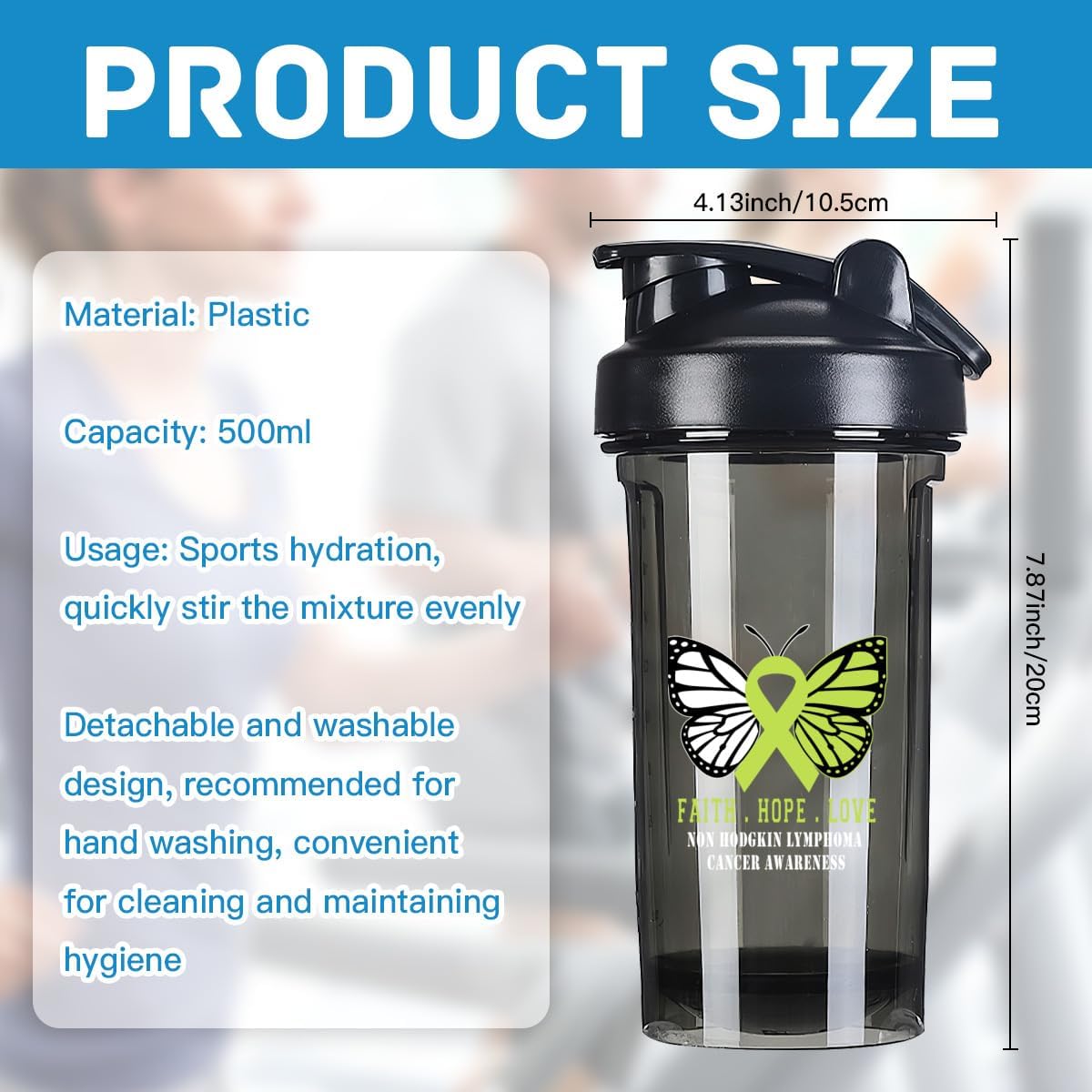 Butterfly Non Hodgkin Lymphoma Cancer Awareness 18oz Shaker Bottle - Leak-proof Mixer for Pre Workout & Protein Shakes - Black 500ml/18oz