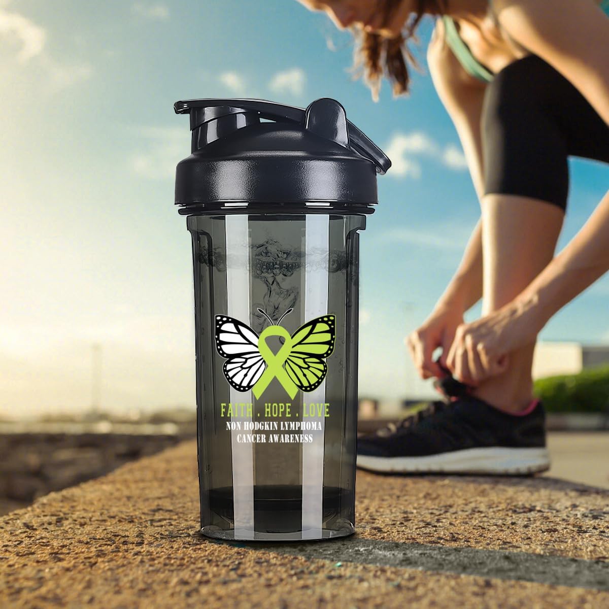 Butterfly Non Hodgkin Lymphoma Cancer Awareness 18oz Shaker Bottle - Leak-proof Mixer for Pre Workout & Protein Shakes - Black 500ml/18oz