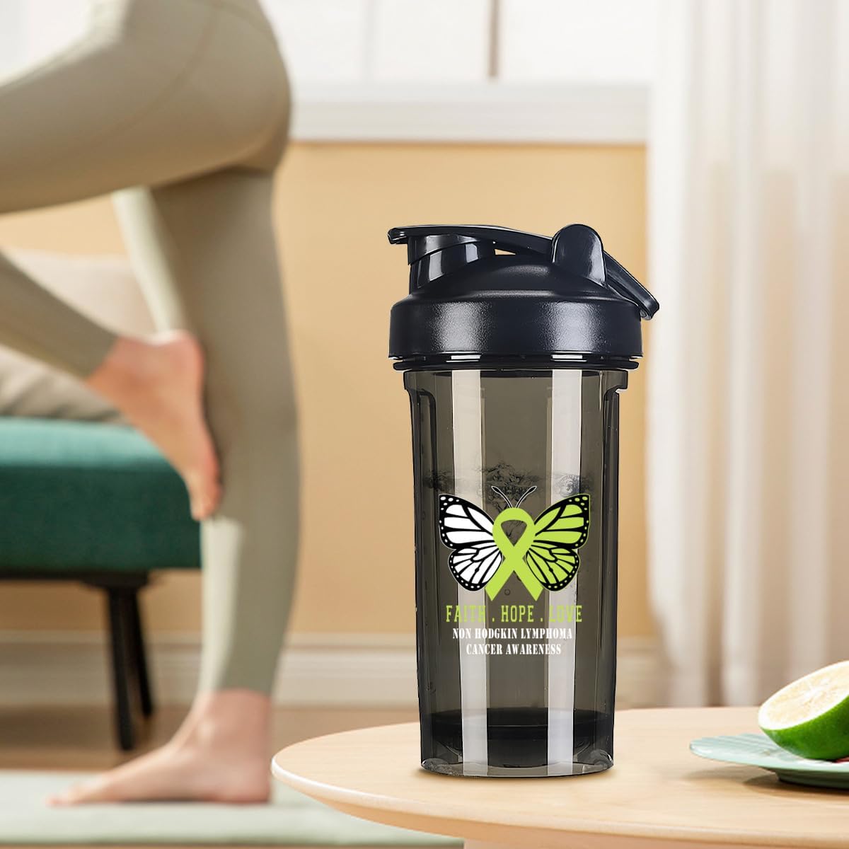Butterfly Non Hodgkin Lymphoma Cancer Awareness 18oz Shaker Bottle - Leak-proof Mixer for Pre Workout & Protein Shakes - Black 500ml/18oz