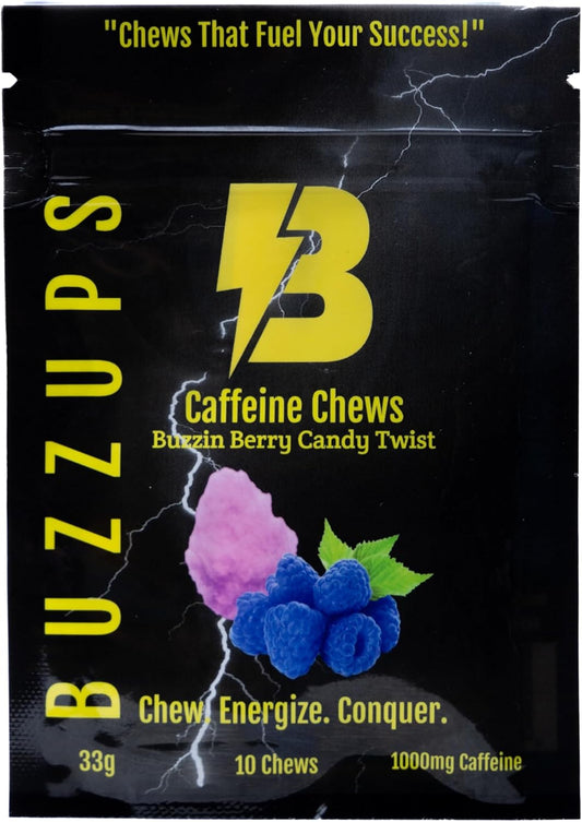 BuzzUps Caffeine Gummies - 100mg Caffeine, Buzzin Berry Flavor, Energy Boost for Sports, Gaming, Running, Cycling - 10 Gummies