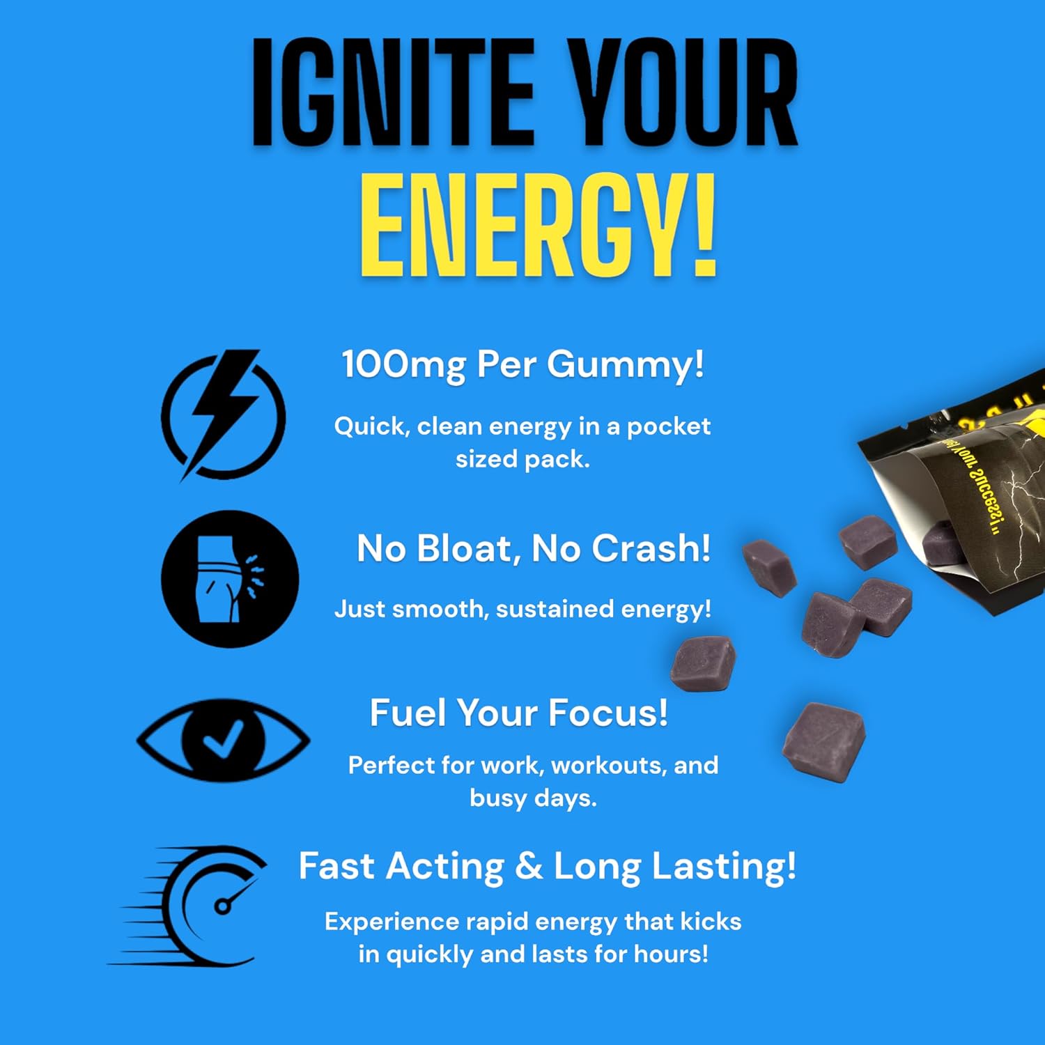 BuzzUps Caffeine Gummies - 100mg Caffeine, Buzzin Berry Flavor, Energy Boost for Sports, Gaming, Running, Cycling - 10 Gummies