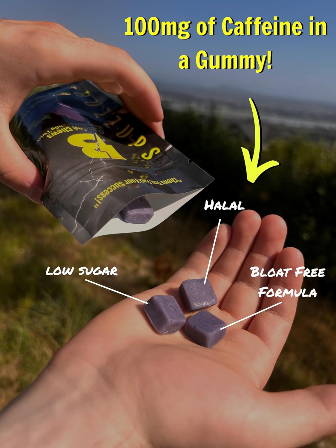 BuzzUps Caffeine Gummies - 100mg Caffeine, Buzzin Berry Flavor, Energy Boost for Sports, Gaming, Running, Cycling - 10 Gummies