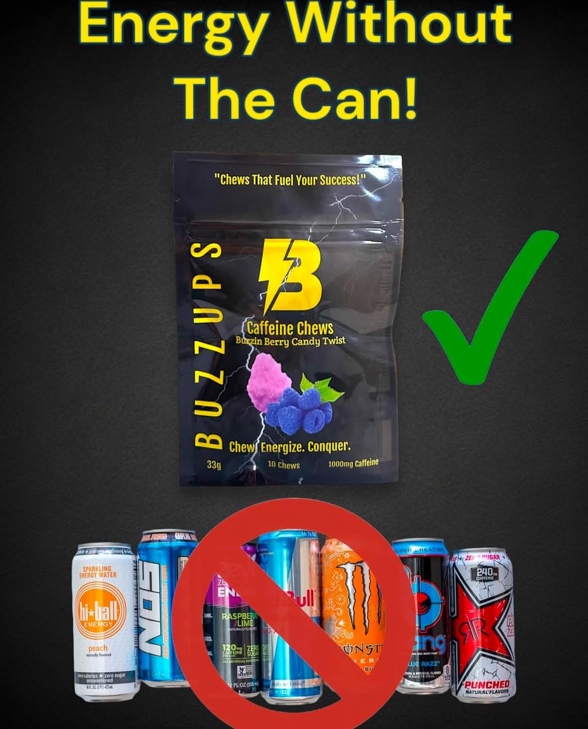BuzzUps Caffeine Gummies - 100mg Caffeine, Buzzin Berry Flavor, Energy Boost for Sports, Gaming, Running, Cycling - 10 Gummies