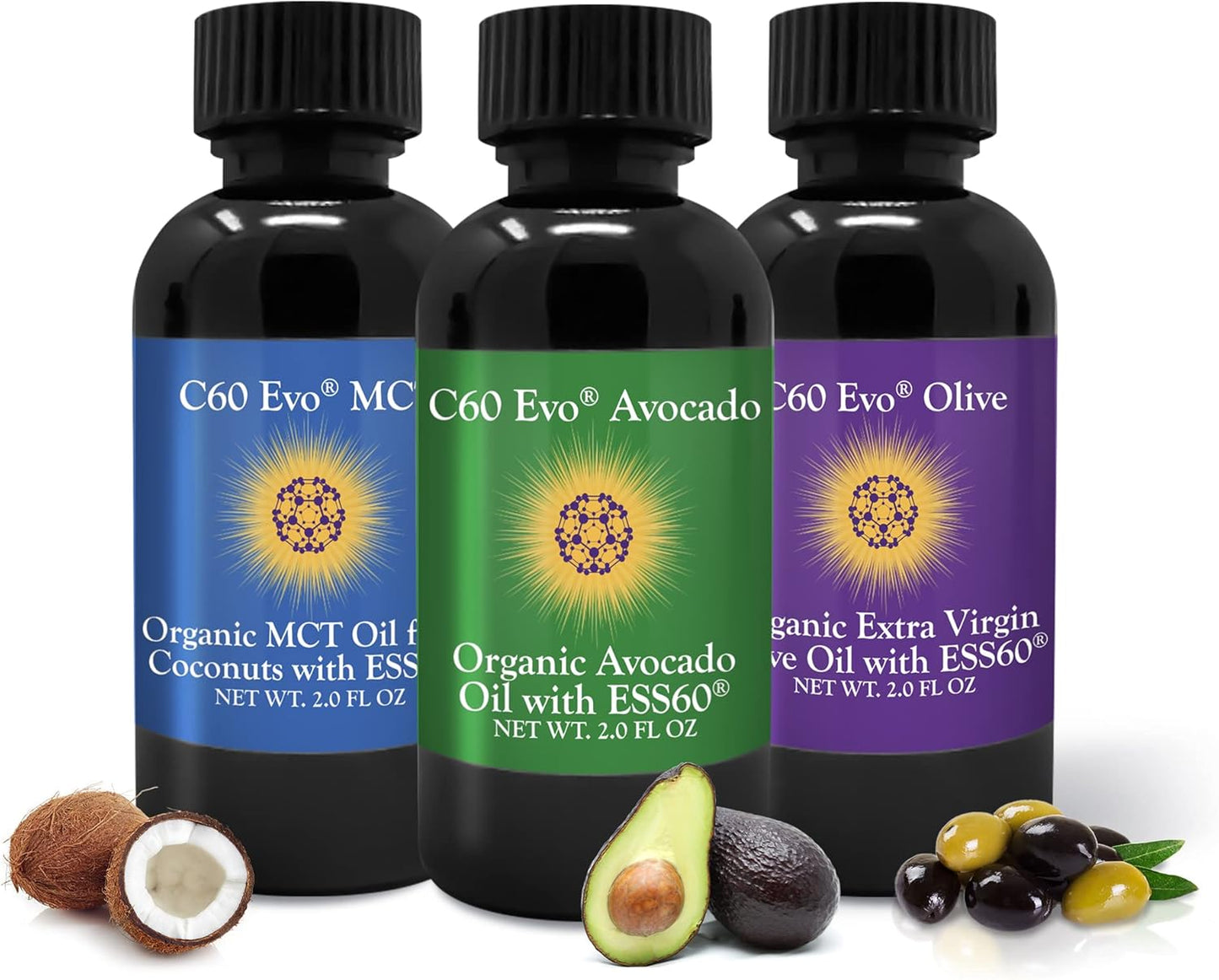 C60 Evo Mini Sampler Set: Pure C60 ESS60 with Olive, Avocado, and MCT Coconut Oils - Immune & Joint Support - 3x2oz