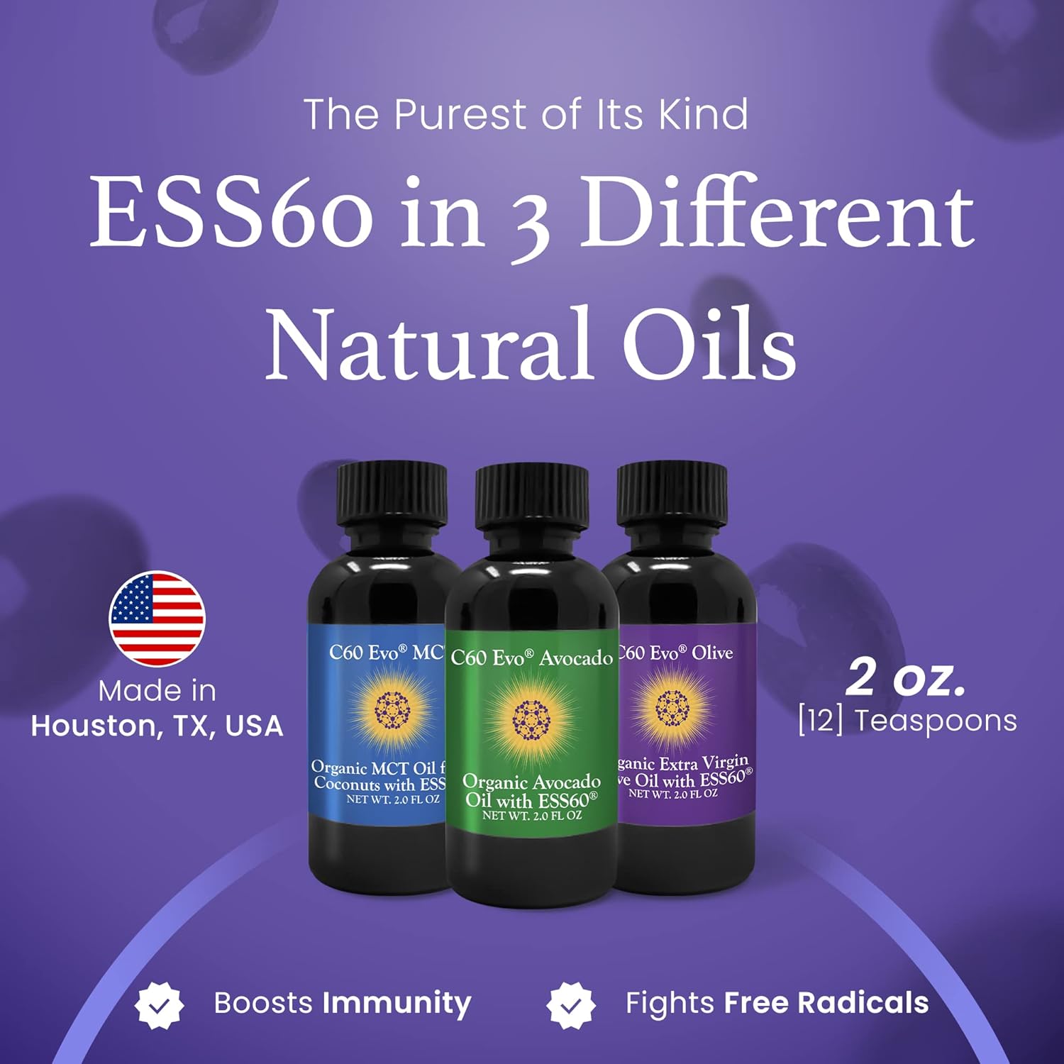 C60 Evo Mini Sampler Set: Pure C60 ESS60 with Olive, Avocado, and MCT Coconut Oils - Immune & Joint Support - 3x2oz