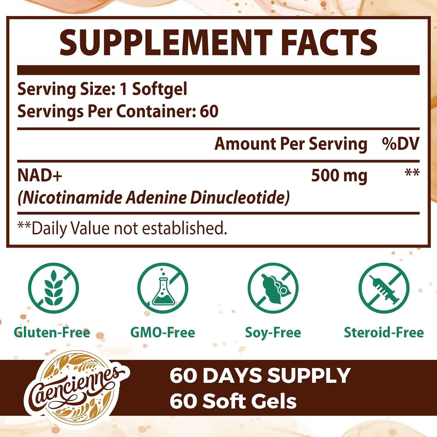 Caenciennes Liposomal NAD+ 500 MG Supplement for Cellular Energy & Healthy Aging, 240 Servings, High Absorption NAD Plus Formula