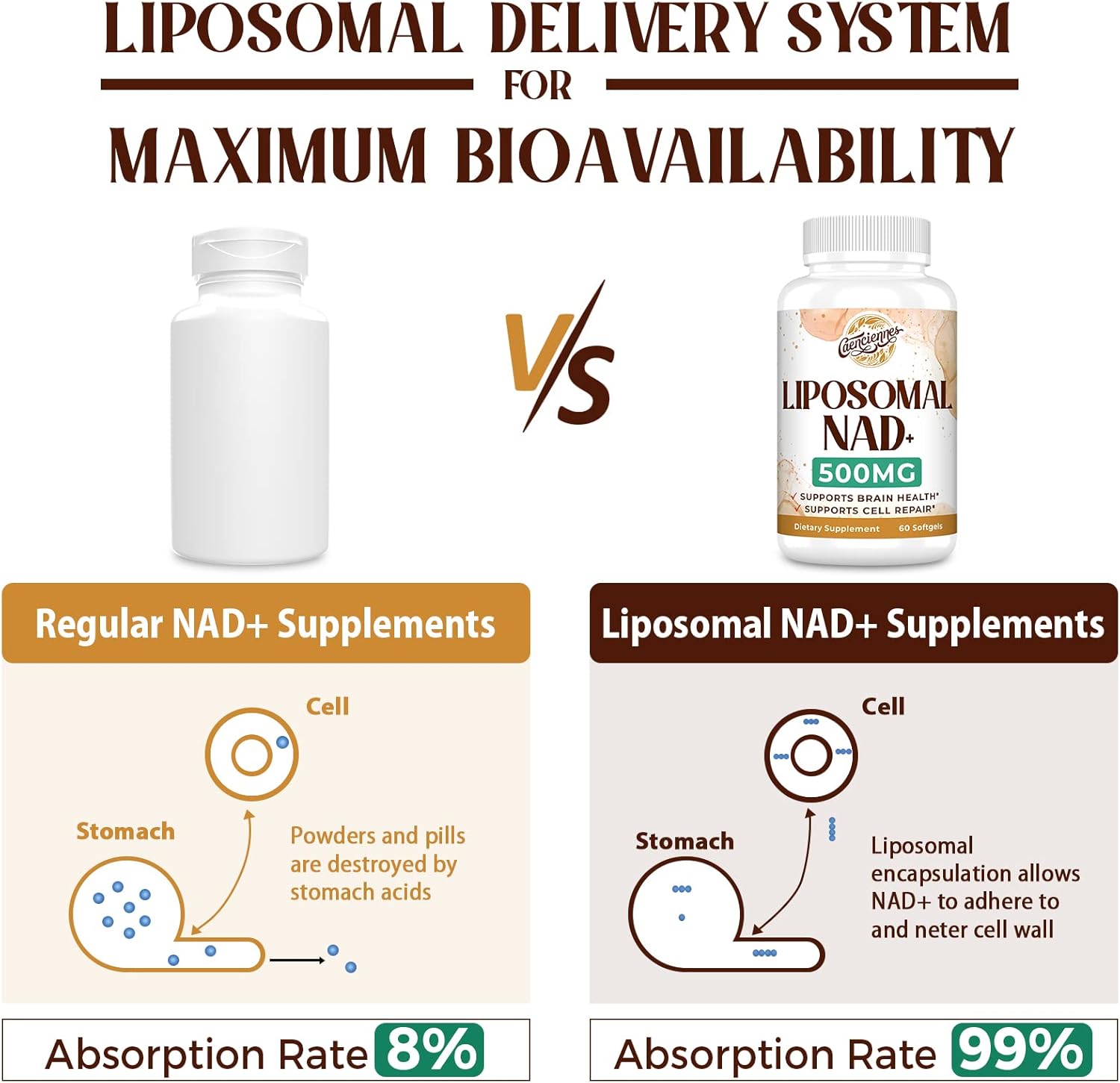 Caenciennes Liposomal NAD+ 500 MG Supplement for Cellular Energy & Healthy Aging, 240 Servings, High Absorption NAD Plus Formula