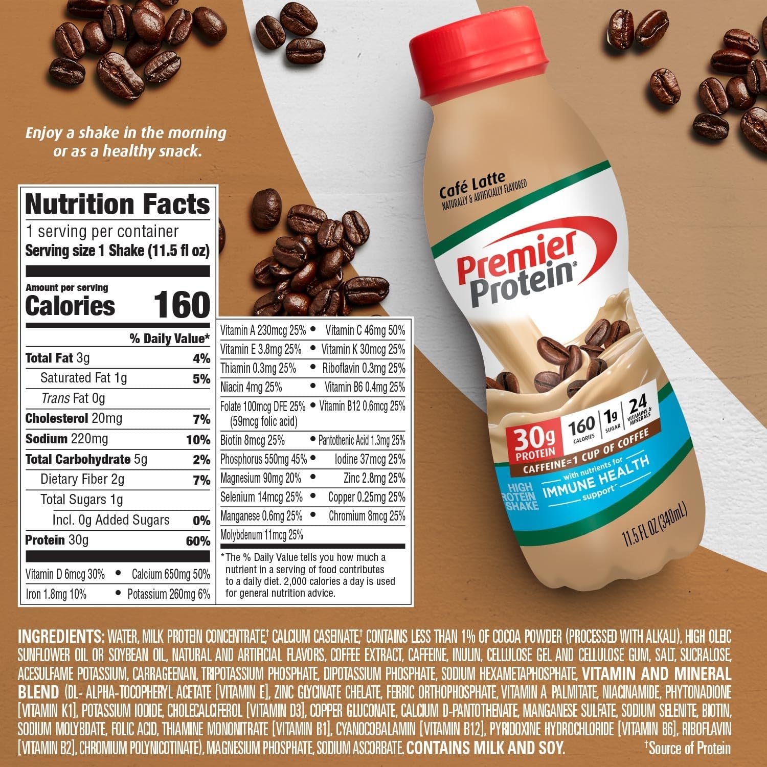 Café Latte Premier Protein Shake with 30g Protein, 1g Sugar, 24 Vitamins & Minerals - Immune Health Support