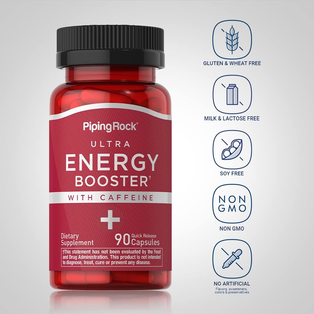 Caffeine Energy Supplement Capsules - 90 Pills for Quick Release Boost | Non-GMO, Gluten Free Formula by Piping Rock
