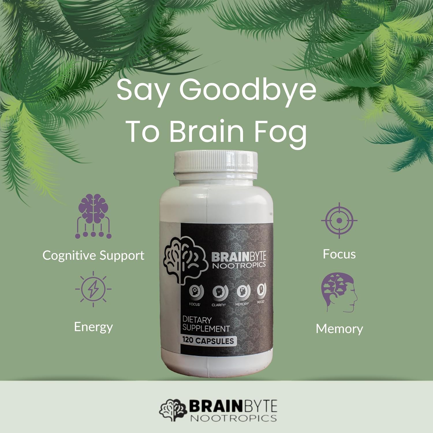 Caffeine-Free Brain Supplement for Focus, Memory & Clarity | Nootropics for Men & Women | L-Theanine & Phosphatidylserine (120 Count)