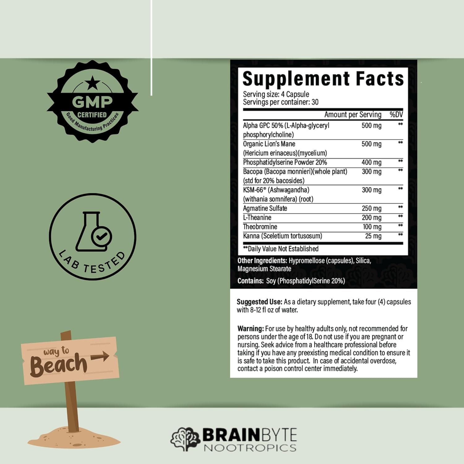 Caffeine-Free Brain Supplement for Focus, Memory & Clarity | Nootropics for Men & Women | L-Theanine & Phosphatidylserine (120 Count)