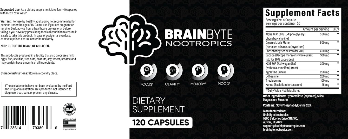 Caffeine-Free Brain Supplement for Focus, Memory & Clarity | Nootropics for Men & Women | L-Theanine & Phosphatidylserine (120 Count)