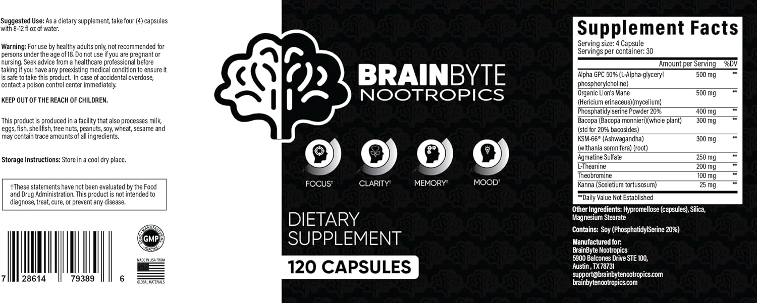Caffeine-Free Brain Supplement for Focus, Memory & Clarity | Nootropics for Men & Women | L-Theanine & Phosphatidylserine (120 Count)