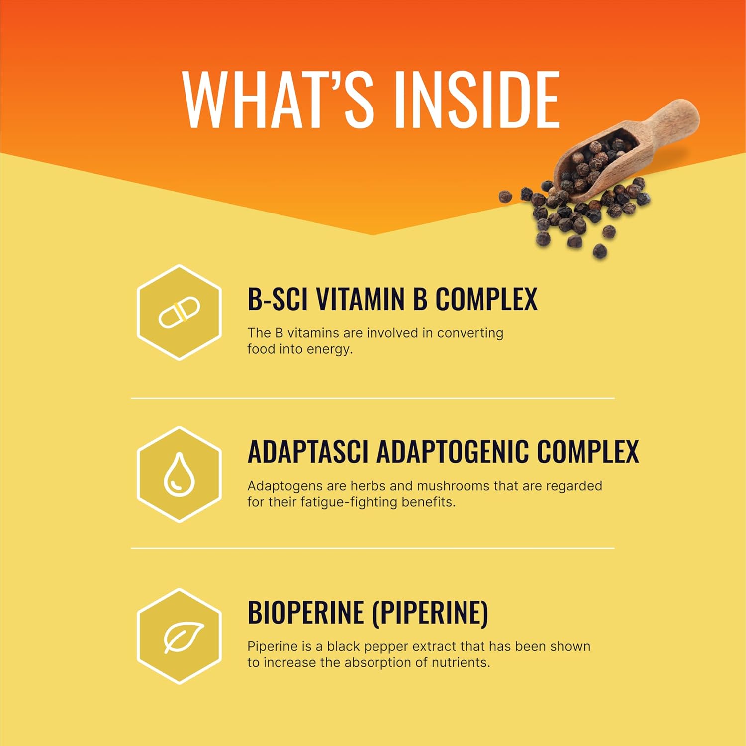 Caffeine-Free Energy Supplement with Adaptogens, B Vitamins, and Bioperine - 3 Month Supply (180 Capsules) by Approved Science