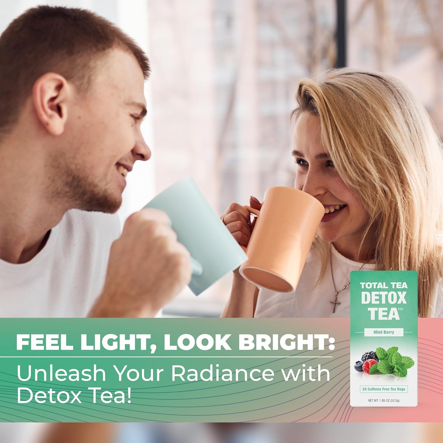 Caffeine-Free Herbal Tea for Digestive Health and Weight Support - Total Tea Slimming Detox with Chamomile, Hibiscus, Ginger Root - Colon Cleanse - Mint Flavor (25-Pack)