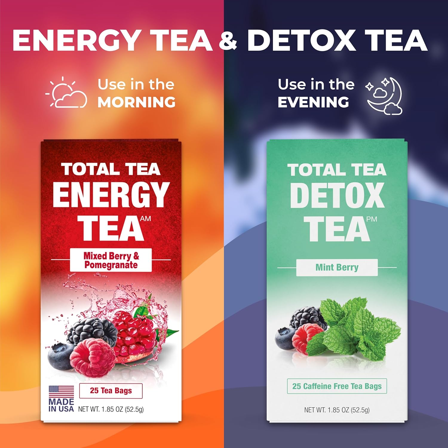 Caffeine-Free Herbal Tea for Digestive Health and Weight Support - Total Tea Slimming Detox with Chamomile, Hibiscus, Ginger Root - Colon Cleanse - Mint Flavor (25-Pack)