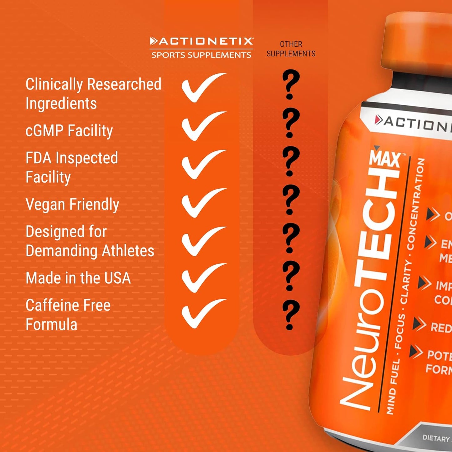 Caffeine-Free NeuroTech MAX Brain Supplements for Memory, Focus, and Athletic Performance - Enhanced with DMAE, Bacopa, Huperzine