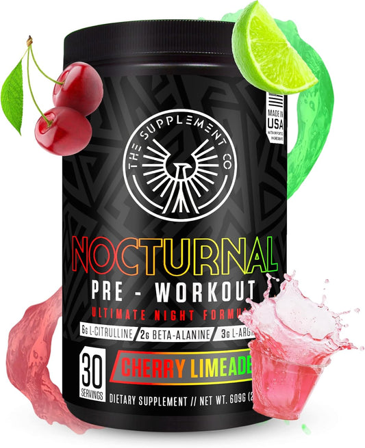 Caffeine-Free Nocturnal Pre Workout Supplement for High Energy and Pumps - Cherry Limeade, 30 Servings for Men & Women