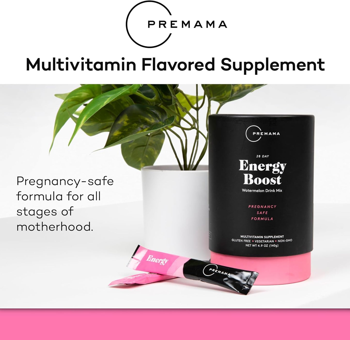 Caffeine-Free Premama Energy Boost for Pregnancy, Gluten-Free, Vegetarian, Watermelon Flavor - 28 Packets