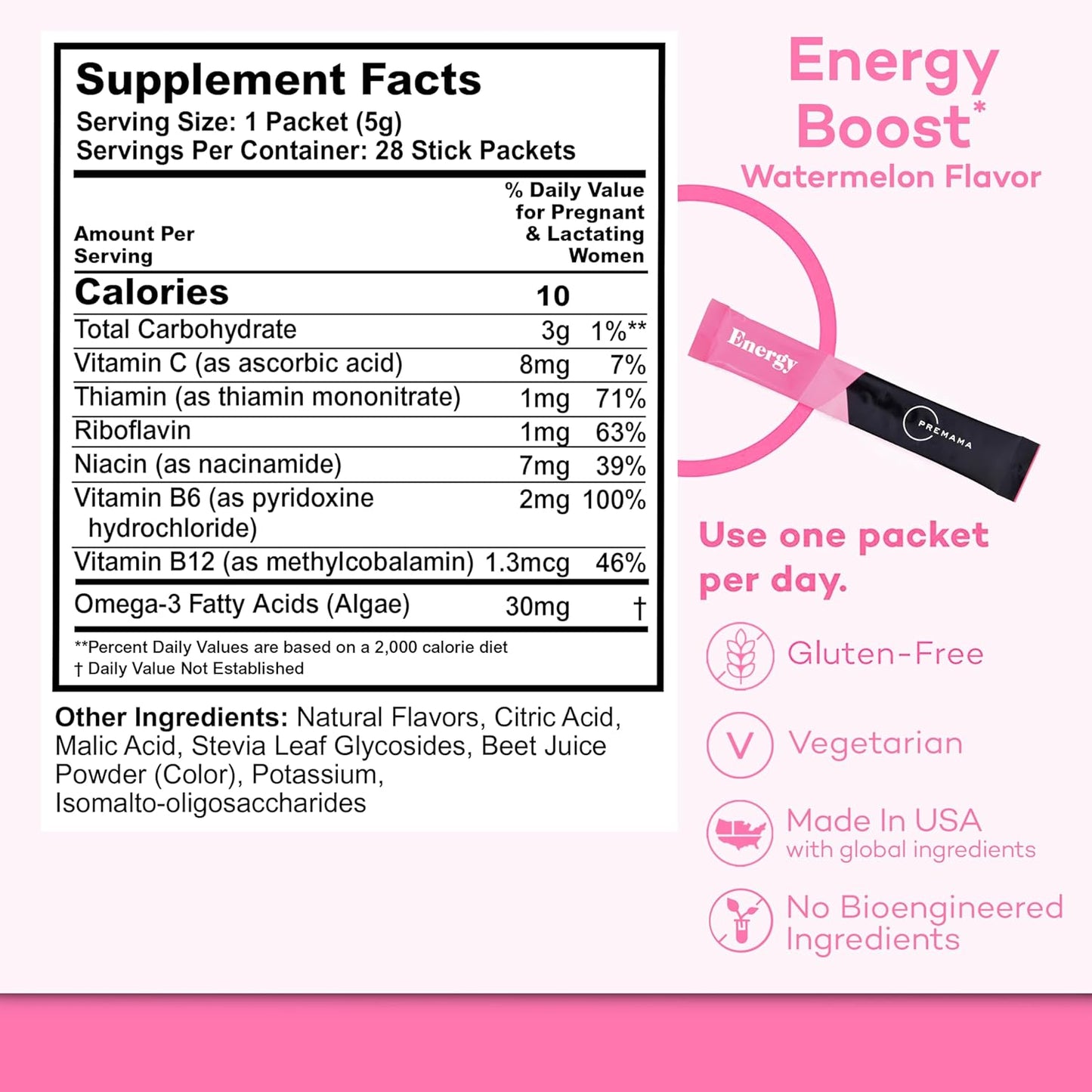 Caffeine-Free Premama Energy Boost for Pregnancy, Gluten-Free, Vegetarian, Watermelon Flavor - 28 Packets