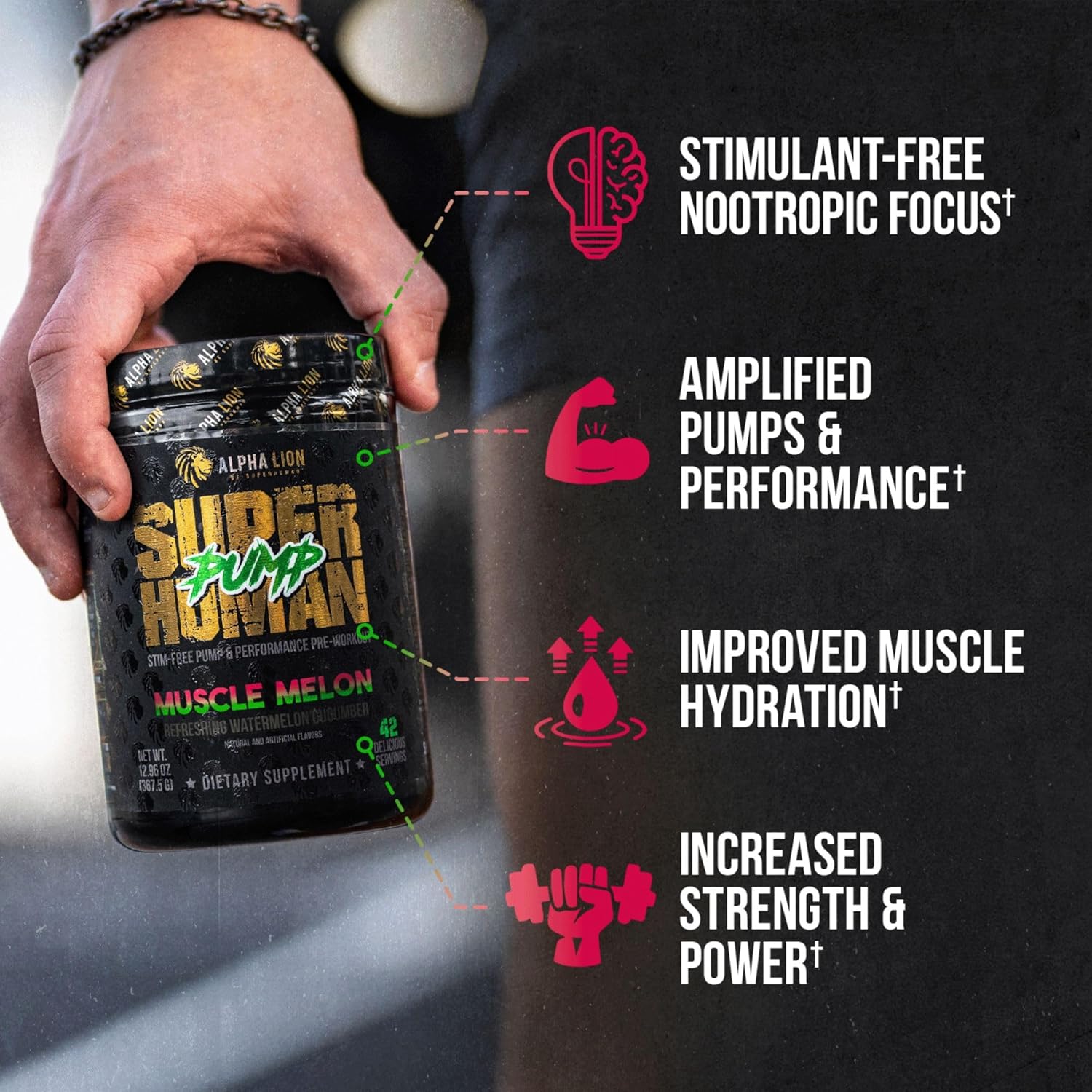 Caffeine-Free Pump Pre Workout Powder for Muscle Gain and Energy Boost - Nitric Oxide Booster with Muscle Melon Flavor (42 Servings)