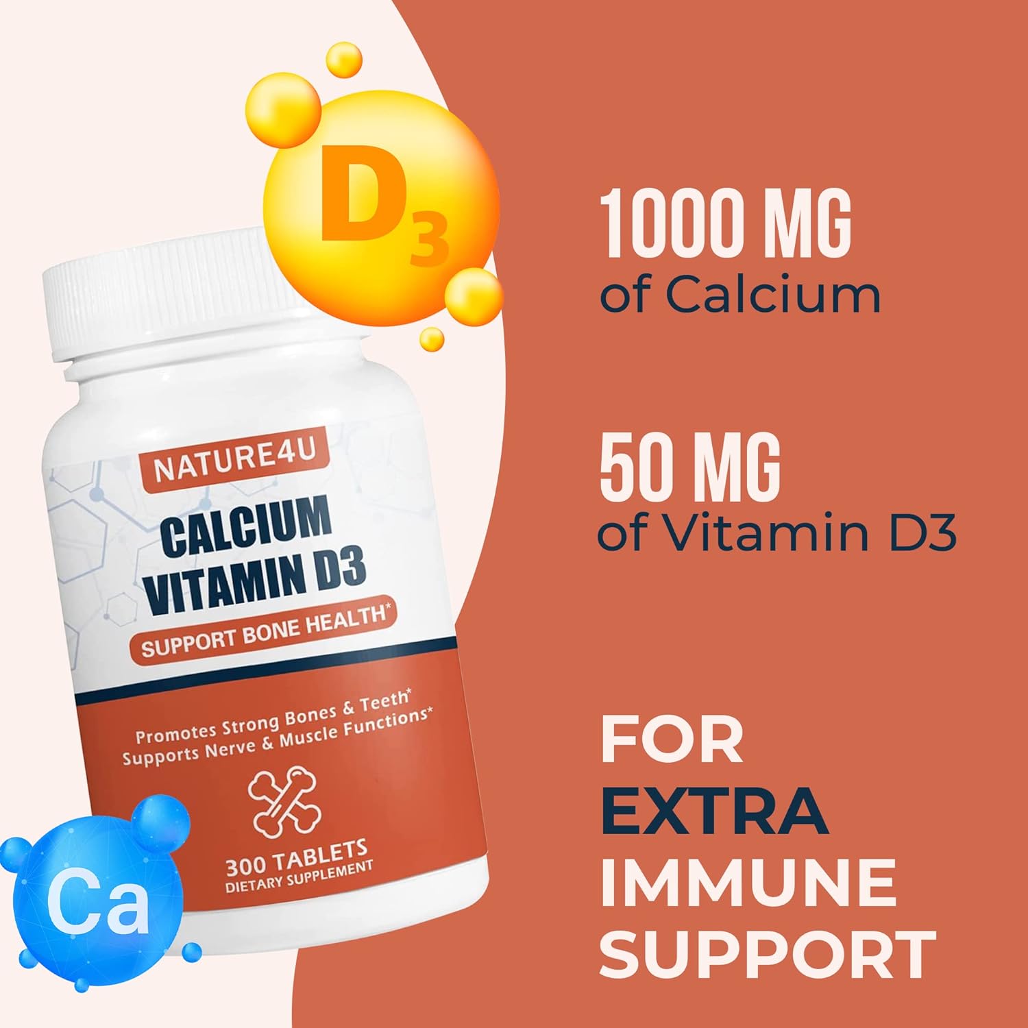 Calcium 1000 mg with Vitamin D3 for Bone and Muscle Health, 300 Tablets