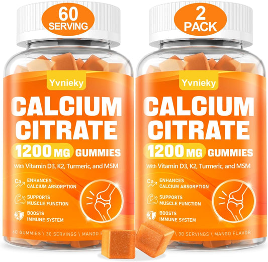 Calcium 1200mg Gummies with Vitamin D3, K2, Turmeric, MSM for Adults - Supports Strength, Muscle, and Immune Health - Sugar Free, Natural Mango Flavor