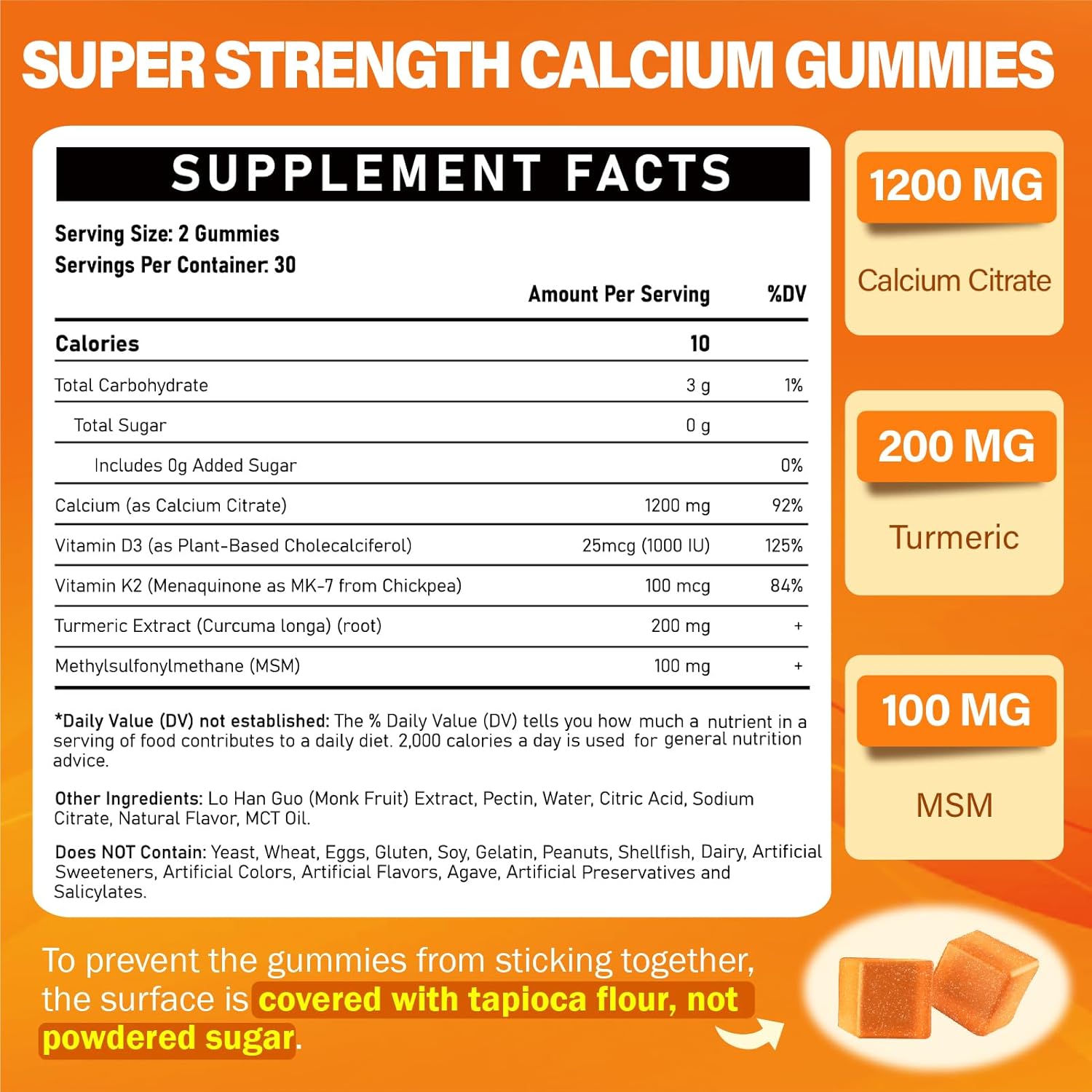 Calcium 1200mg Gummies with Vitamin D3, K2, Turmeric, MSM for Adults - Supports Strength, Muscle, and Immune Health - Sugar Free, Natural Mango Flavor
