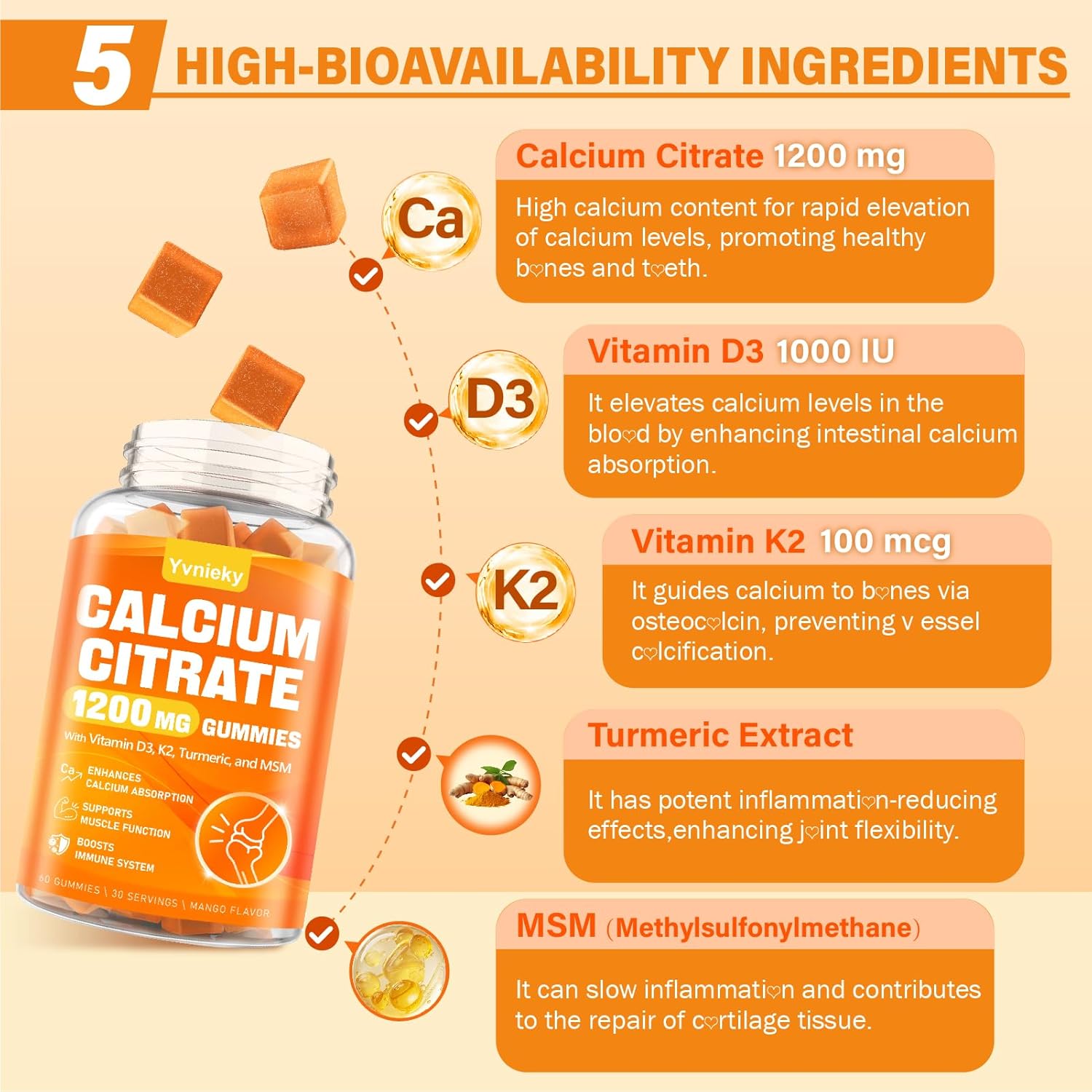 Calcium 1200mg Gummies with Vitamin D3, K2, Turmeric, MSM for Adults - Supports Strength, Muscle, and Immune Health - Sugar Free, Natural Mango Flavor