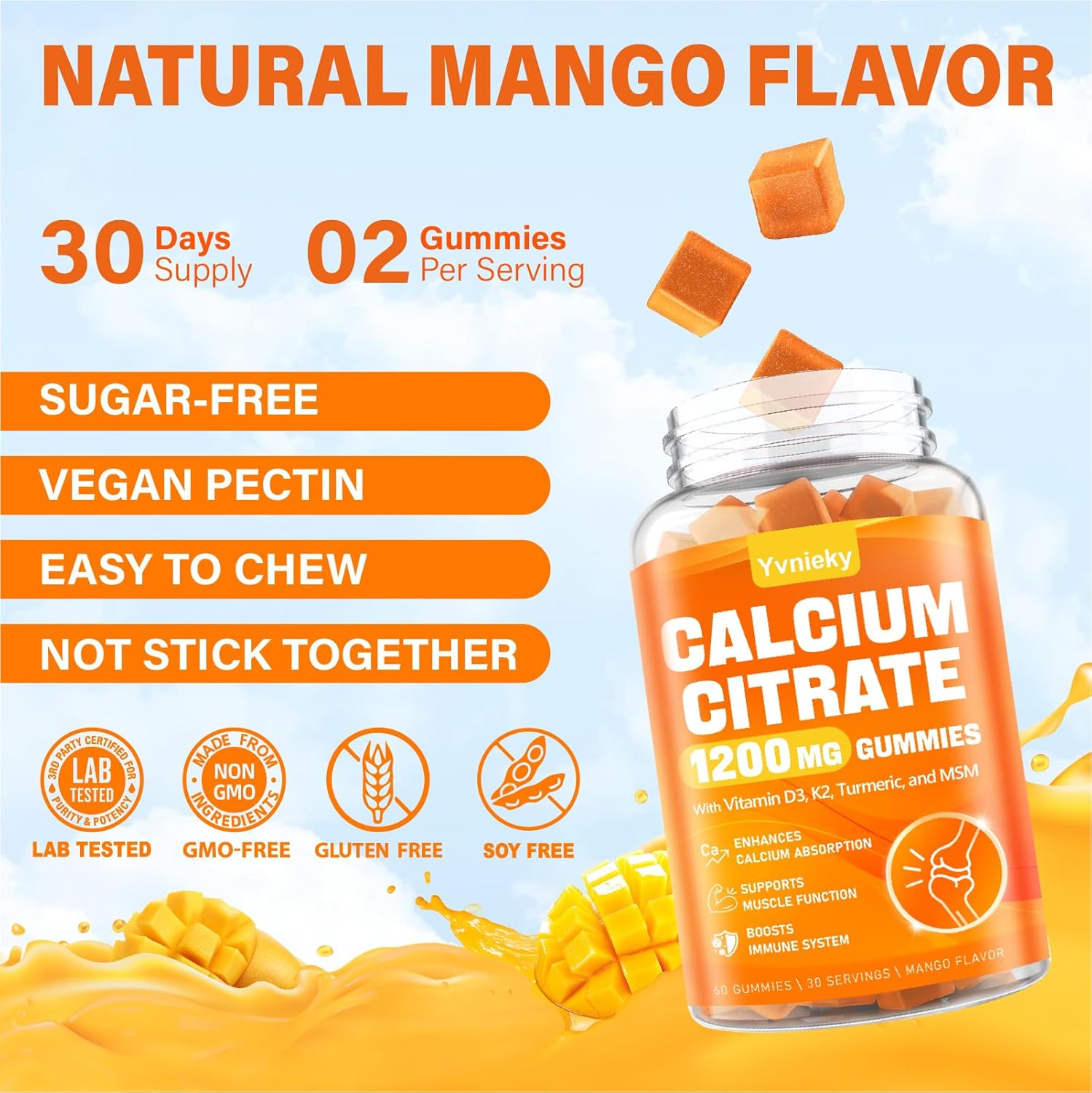 Calcium 1200mg Gummies with Vitamin D3, K2, Turmeric, MSM for Adults - Supports Strength, Muscle, and Immune Health - Sugar Free, Natural Mango Flavor