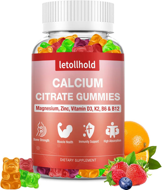Calcium 1200mg Gummies with Vitamin D3, Magnesium, Zinc - Bone Strength & Immune Support for Women - 60 Chewable Supplements