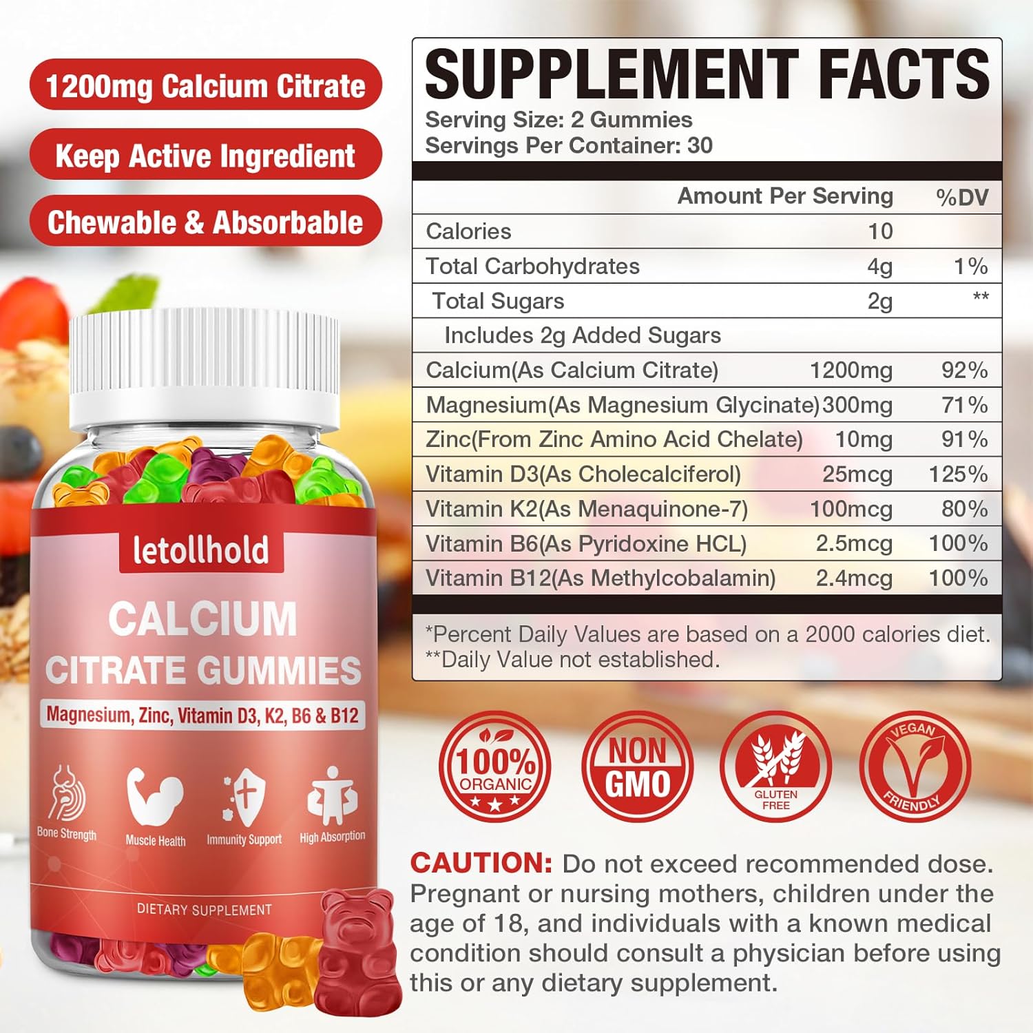 Calcium 1200mg Gummies with Vitamin D3, Magnesium, Zinc - Bone Strength & Immune Support for Women - 60 Chewable Supplements
