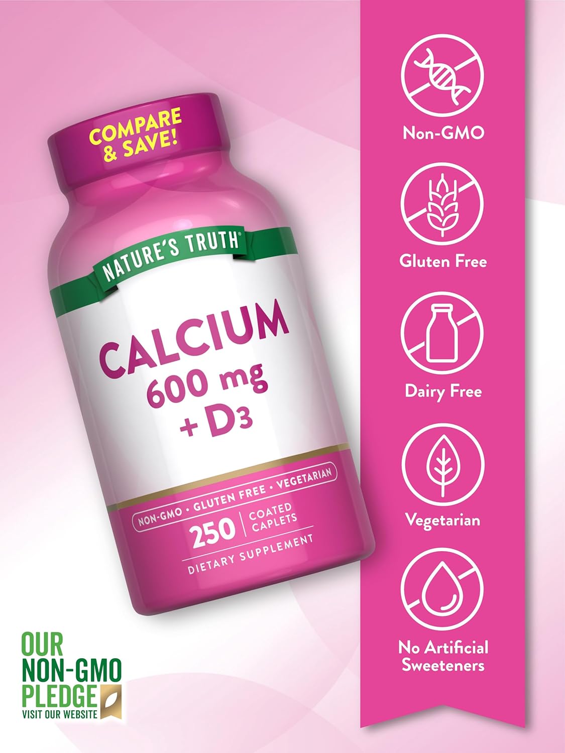 Calcium 600mg with Vitamin D3 Caplets - 250 Count, Non-GMO, Gluten Free & Vegetarian Formula