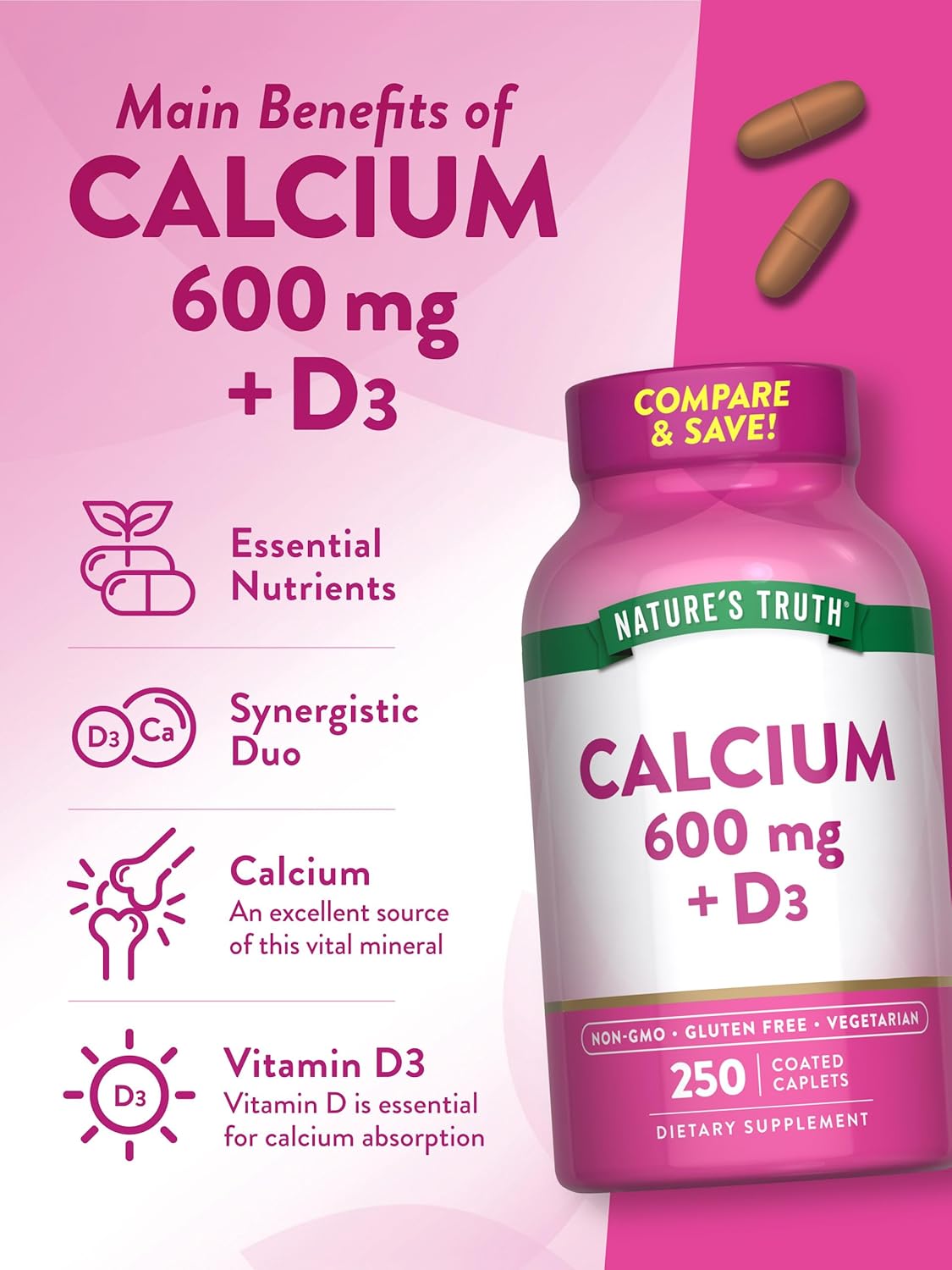 Calcium 600mg with Vitamin D3 Caplets - 250 Count, Non-GMO, Gluten Free & Vegetarian Formula
